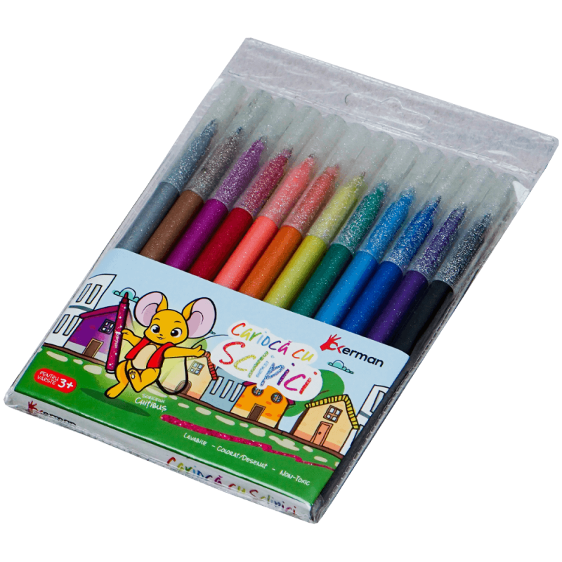 Set 12 carioci cu sclipici colorate pentru desen si creatie, Soricelul Chitibus